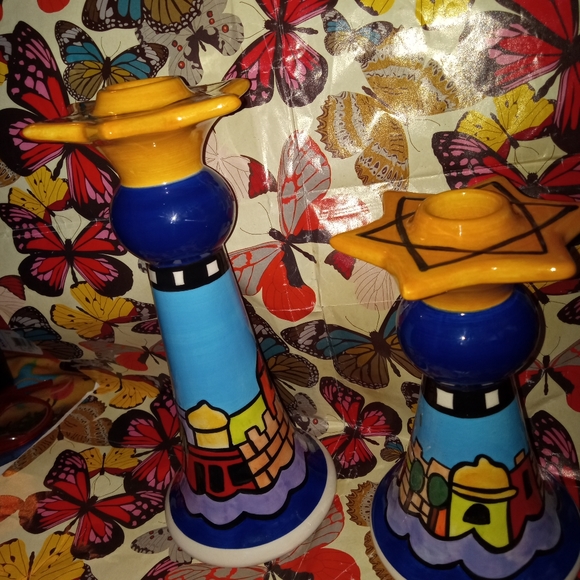2 BEAUTIFUL NICOLE ENGBLOM CERAMIC SHABBAT CANDLE HOLDERS - Picture 7 of 13